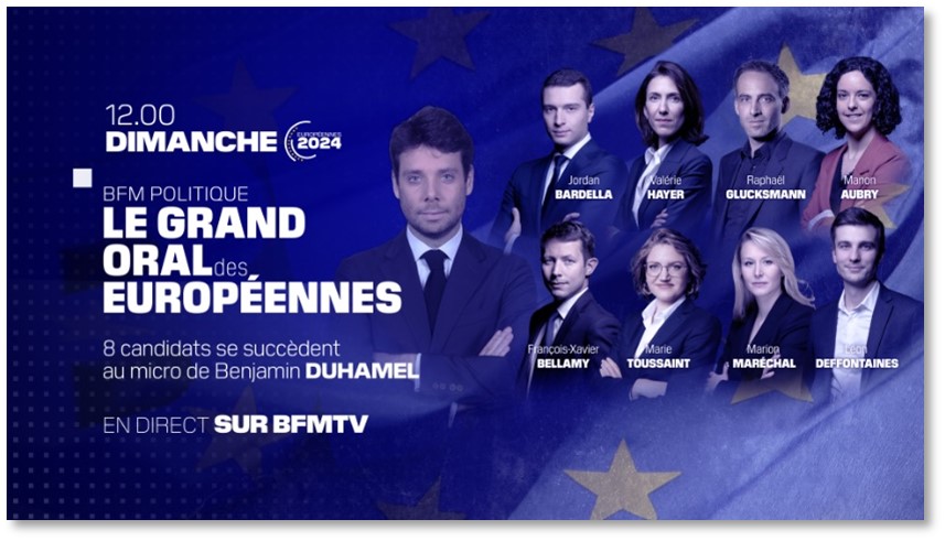 🇪🇺 DISPOSITIF SPÉCIAL #ElectionsEuropéennes2024 sur @BFMTV 📅Samedi 1er & dimanche 2 juin 📺À une semaine du vote : 🗣️Les discours des principales têtes de liste en direct 👤Une émission spéciale le 02/06 à 12h, un ultime grand entretien avec les 8 candidats favoris