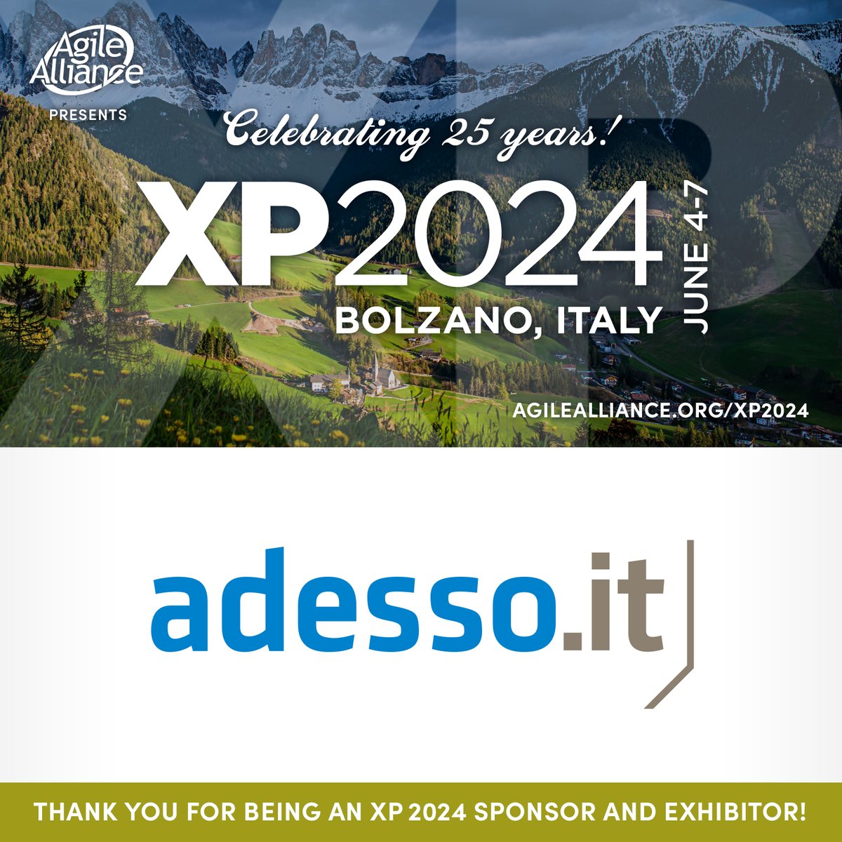 Please join us in giving a big thank you to @WS_adesso for sponsoring XP 2024 next week in Bolzano, Italy! Please join us in thanking them for their valued support as we celebrate the 25th Anniversary of XP. Be sure to visit the #Adesso team at #XP2024! agilealliance.org/xp2024/