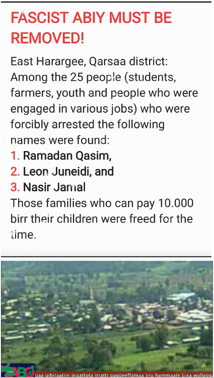 JBirbirsoo's tweet photo. During a recruiting session 4 university students, Abiy's army announced a budget of 10 billion. Ironically, they are coercing poor farmers to contribute 1000s of Birr. 25 individuals were arrested &amp; sent 2 training camps. https://t.co/BqZlUxyrnH @MikeHammerUSA #OLAFightsForMe