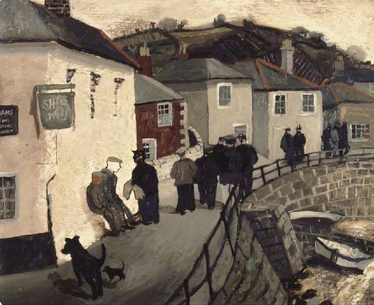 'The Ship Inn, Mousehole.' (1930) Most of Christopher Wood's best pictures,from 1929 and 1930, contained seaside and harbour themes; boats, fishermen, bathers: in the main executed in Cornwall. In this work, he's left the face of a man leaning against the inn's wall, blank.