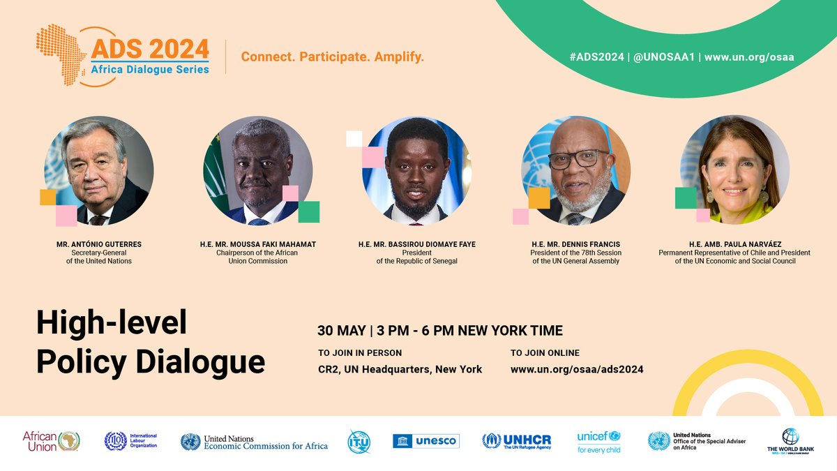 TODAY! Join us at the High-level Policy Dialogue of the Africa Dialogue Series #ADS2024! Global leaders and experts will be discussing actionable strategies that will accelerate the #Africa we want, the Africa the world needs. 🕒3 P.M. - 6 P.M. LIVE 📺webtv.un.org/en/asset/k1o/k…