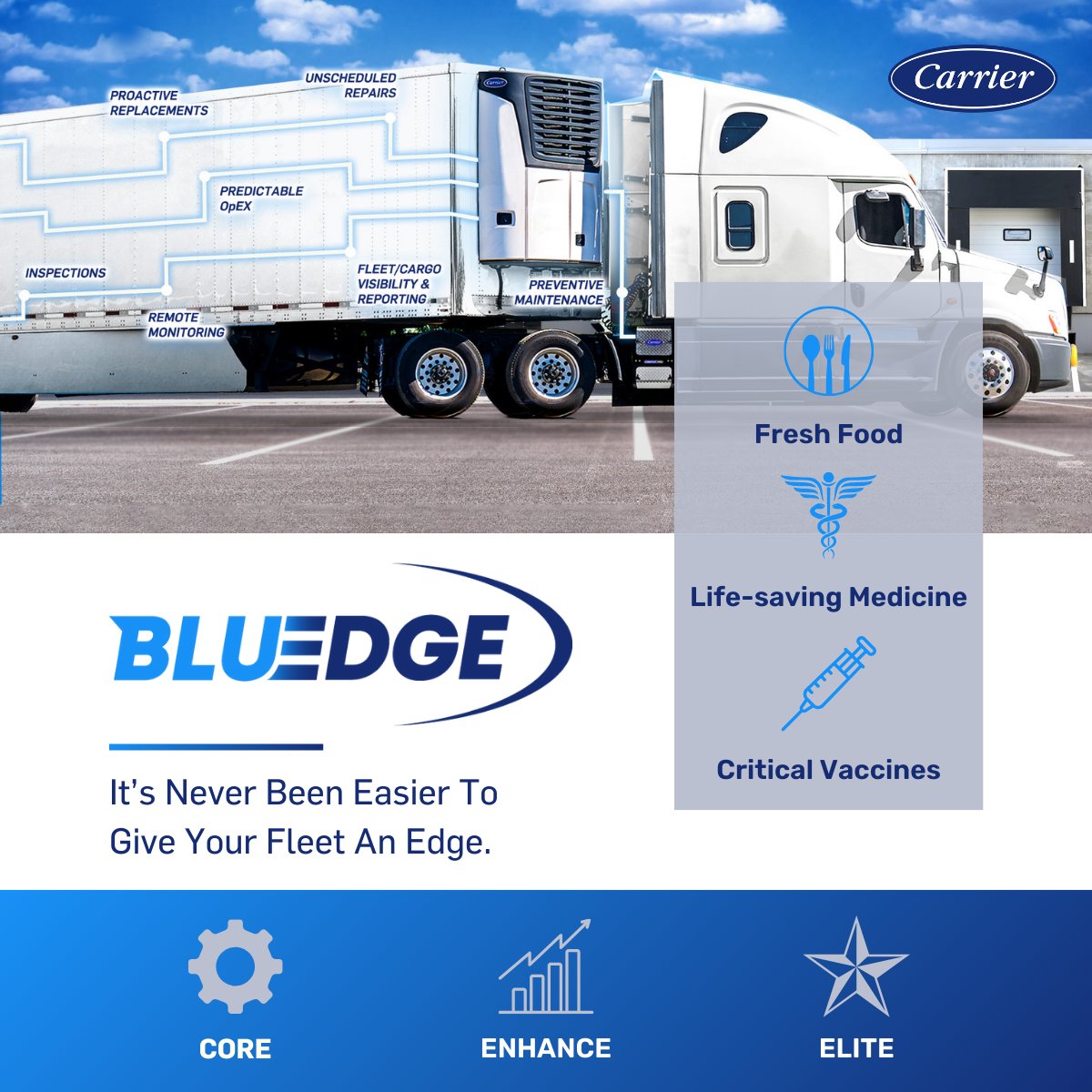 Give your fleet an edge, the #BluEdge. 👊 Our customizable BluEdge Core offerings supplement the original factory warranty on your #CarrierTransicold refrigeration unit to provide uninterrupted coverage on a range of components. 
👉 bit.ly/3PJTOgi #service #aftermarket