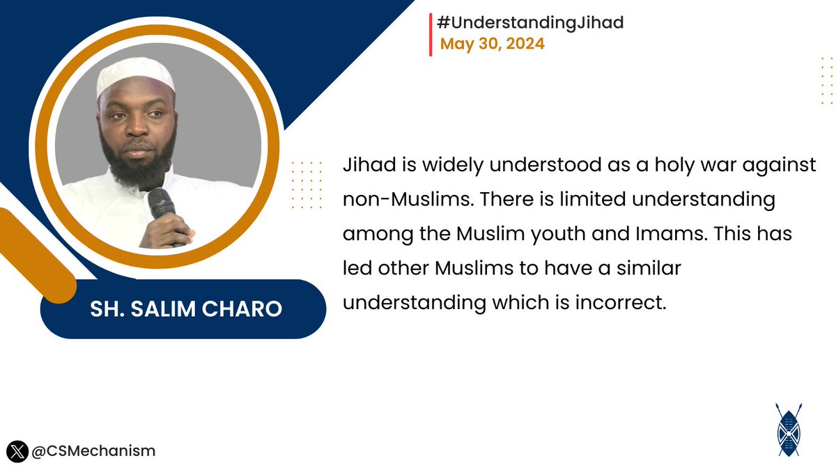 CSMechanism's tweet photo. "Jihad is widely understood as a holy war against non-Muslims. There is limited understanding among the Muslim youth and imams. This has led other Muslims to have a similar understanding, which is incorrect." @salimcharo7 

#UnderstandingJihad https://t.co/sRQKuE33FC