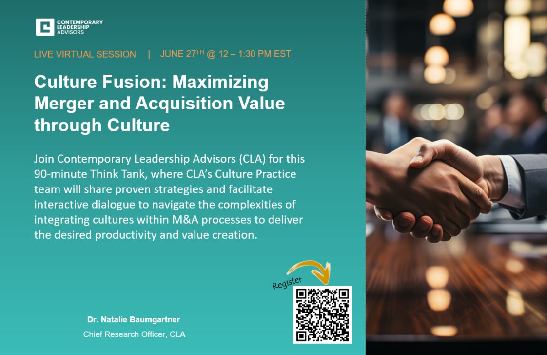 Join me on 6/27 from 12-1:30pm ET for a 90-min Think Tank “Culture Fusion: Maximizing Merger and Acquisition Value through Culture.” See how effective cultural integration drives enhanced productivity and value creation of M&amp;A. Register tiny.cc/udr0yz