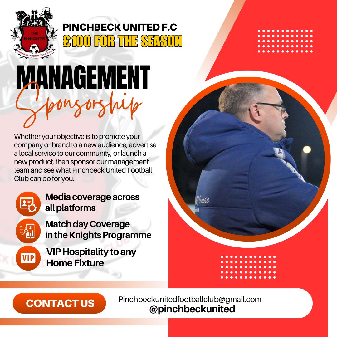 ⚫️🔴 MANAGEMENT SPONSORSHIP 24/25 Whether your objective is to promote your company or brand to a new audience, £100 will have your company logo on Training/match clothing and feature on socials plus much more. Contact us today for more Sponsorship Opportunities.