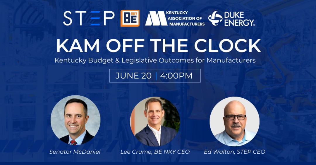 Join us at the KAM off the Clock event on June 20th, 4-6 PM, at STEP in Covington, KY. Learn about the latest legislative impacts on manufacturing from Senator Chris McDaniel and network over happy hour. kam.us.com/event_postings… #KYmanufacturing #KAMofftheClock #networkingevent