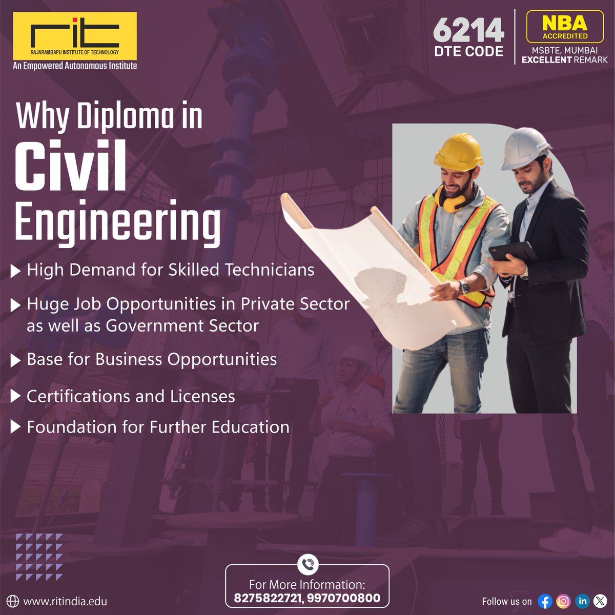 Build a solid foundation with our Diploma in Civil Engineering program! Join us to gain hands-on experience and practical skills for a thriving career in construction and design. Apply now and start shaping the world! 🏗️🌍 #DiplomaAdmissions #CivilEngineering #FutureBuilders