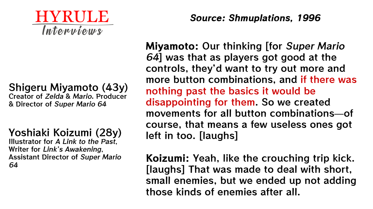 Miyamoto & Koizumi on adding more advanced button combinations and animations to Super Mario 64, 1996.

Source: @shmuplations 

#SuperMario64Quote
#MiyamotoQuote,#KoizumiQuote

notion.so/9ce5643a603940…