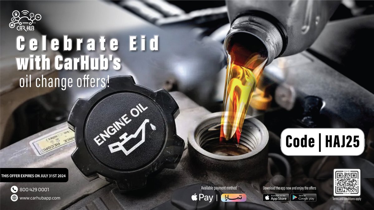 Don’t miss out on #CarHub’s Eid Al-Adha offers for our oil change services. 

Terms and conditions:
- The offer is not redeemable in cash value 
- This offer includes labor charge only at (Mobil oil change centers)
- This offer does not include manual labor costs for some