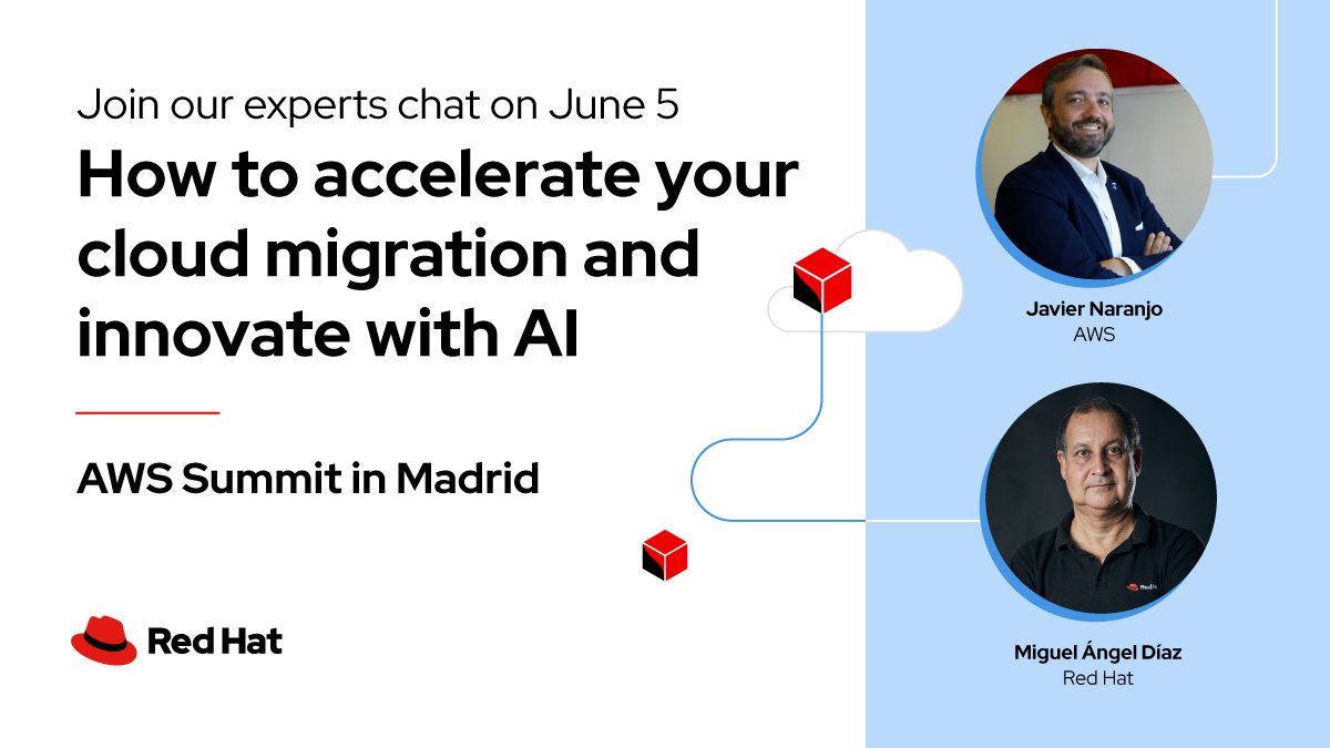 Don't miss our presentation 'Accelerating Cloud Migration with AI' at the #AWSSummit in Madrid on June 5! 🗓️ Visit us at booth G2 and learn how Red Hat & @AWS can help you innovate and accelerate your cloud journey. Register now: red.ht/3OXurpU @AWS_Partners