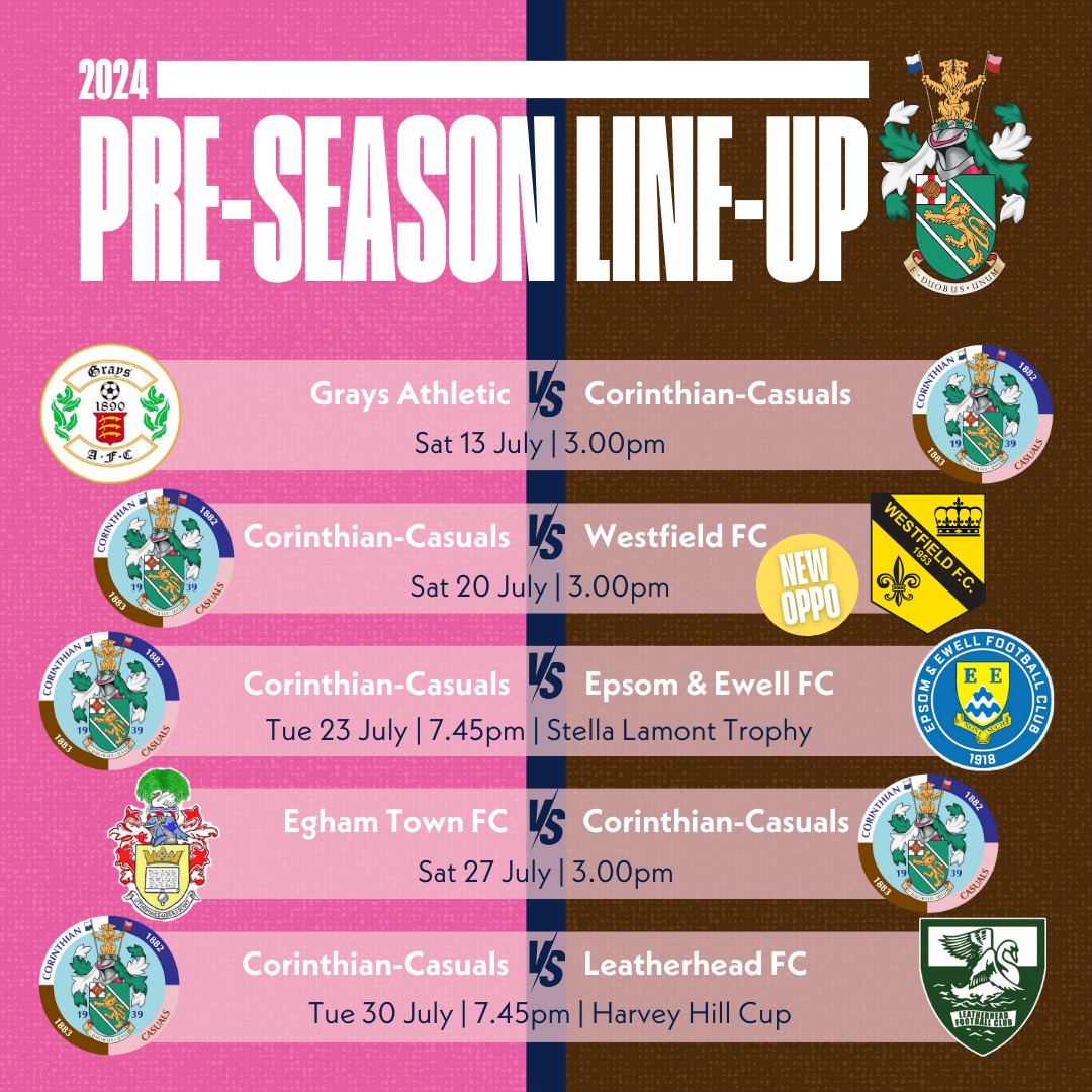 Here's our updated pre-season schedule featuring a change on Sat July 20 after our original opponents were forced to withdraw due to an unforeseen engagement that day. We now face @westfield_fc in that first home friendly, after starting away to @GraysAthleticFC on Sat 13 July.
