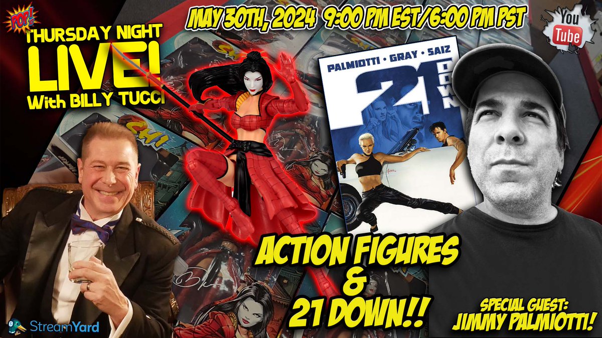 ALL NEW THURSDAY NIGHT LIVE WITH BILLY TUCCI TONIGHT AT 9:00 PM EST!!! Come hang with @BillyTucci and @NileScala with our special guest @jpalmiotti to talk SHI Action figures and the 21 DOWN Collection!!! Participate in the LIVE chat and enjoy some positive comic talk!