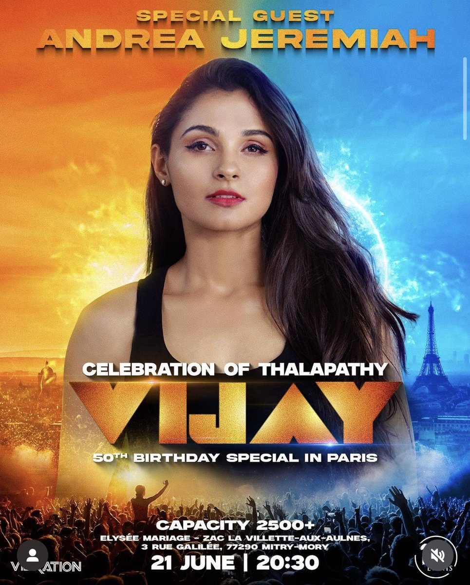 Actress & singer @andrea_jeremiah will be gracing Thalapathy @actorvijay’s 50th Birthday Celebration Event In Paris 💥 More surprises to follow!