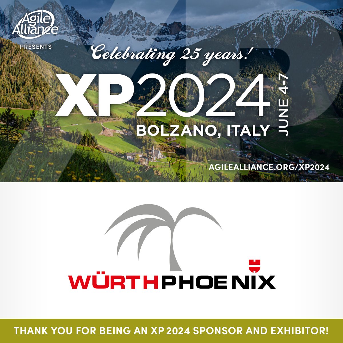 We're very grateful to @WuerthPhoenix for sponsoring #XP2024 next week in Bolzano, Italy! Please join us in thanking them for their valued support as we celebrate the 25th Anniversary of #XP. And, be sure to visit the Würth Phoenix team at XP 2024! agilealliance.org/xp2024/