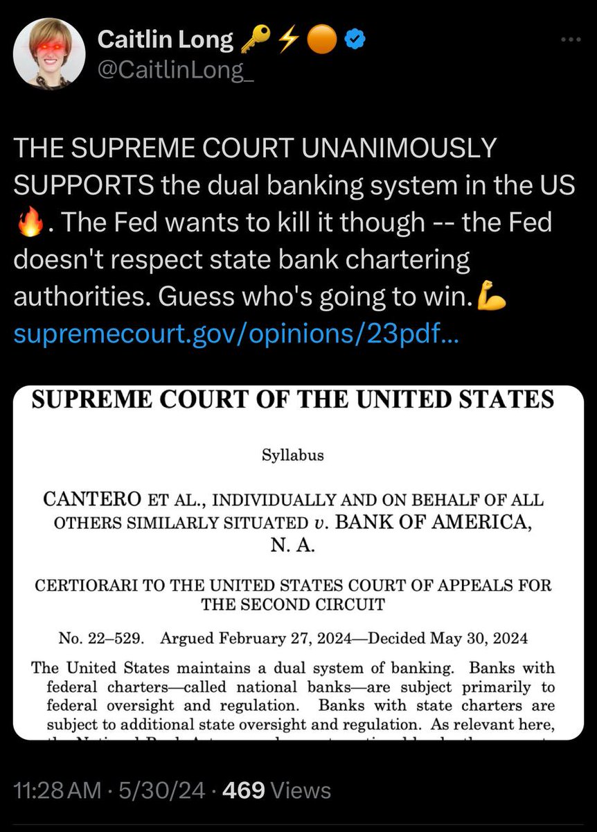 🔔Bank of America lost its case. SCOTUS decision just confirmed that the US has a dual banking system with Federal and State chartering. Let the decentralization of bank power begin. ☄️