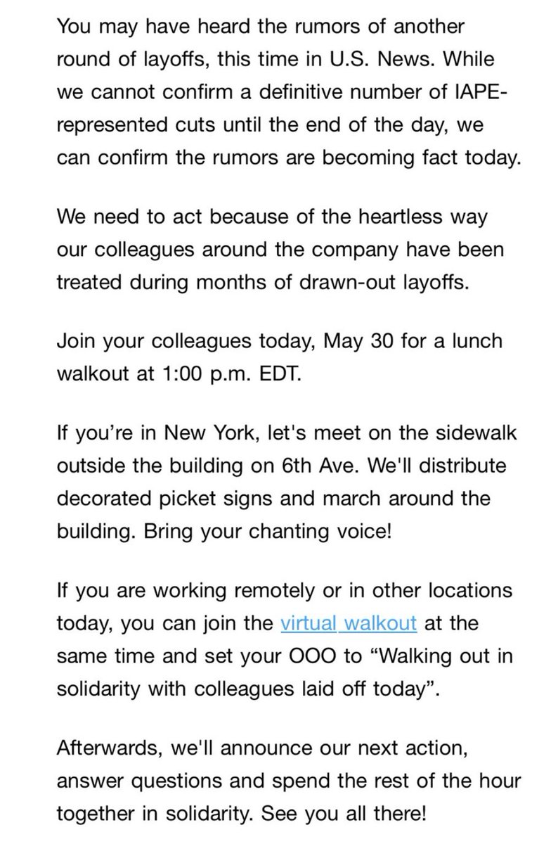 Union representing WSJ employees says that it is holding a walkout at 1PM to protest today’s layoffs