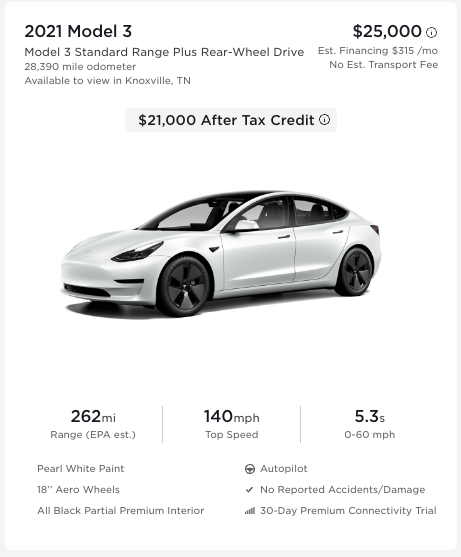 Someone needs to buy this 2021 #StandardRange #Tesla #Model3. Only 28,000mi & qualifies for the $4k credit *IF* you take delivery in Knoxville, TN. Otherwise the transport fee pushes it over the $25k eligibility  (which is silly).

That's $21k!

Tempted to buy it just because!!