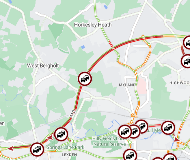 A12 Londonbound- Slow between J28 and J25 through   the roadworks and lane restrictions