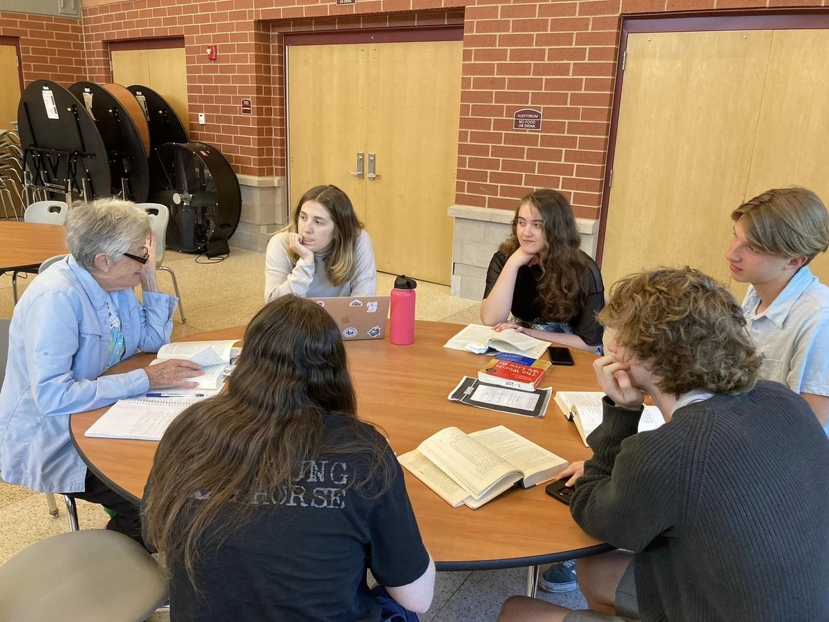 Pics from Kelley Brown's We the People class at Easthampton HS in Massachusetts. The class is reading Jeffrey Rosen’s “The Pursuit of Happiness” with their friends from the Lathrop Community. This is a great example of multigenerational engagement in civic education!  ❤️ #civics