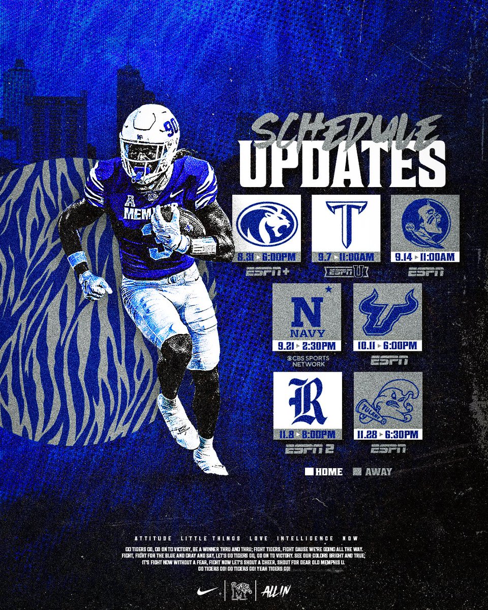 MemphisFB's tweet photo. 𝗦𝗰𝗵𝗲𝗱𝘂𝗹𝗲 𝗨𝗽𝗱𝗮𝘁𝗲𝘀 ⏰

#ALLIN | #GoTigersGo

📰 https://t.co/x4GTd5UcHf https://t.co/zfrCz1zCd5
