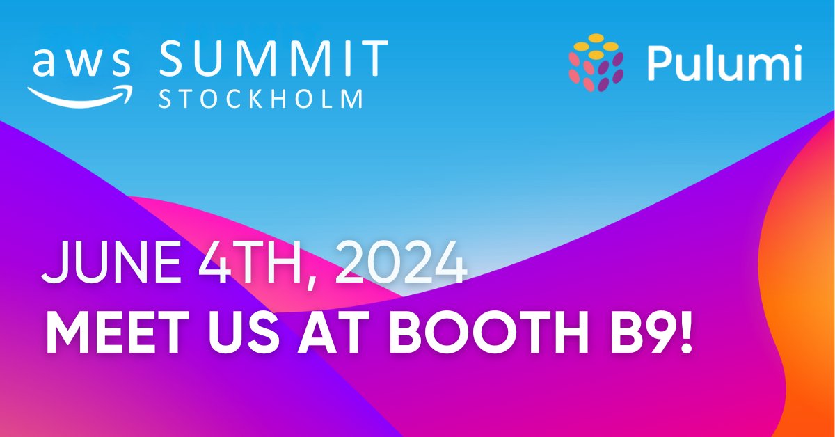 Excited to be at the AWS Summit Stockholm 🇸🇪 on June 4th! 🎉 

Who else is attending? Don't forget to stop by the @PulumiCorp booth to chat about all things cloud and infrastructure as code. 

Vi ses där!