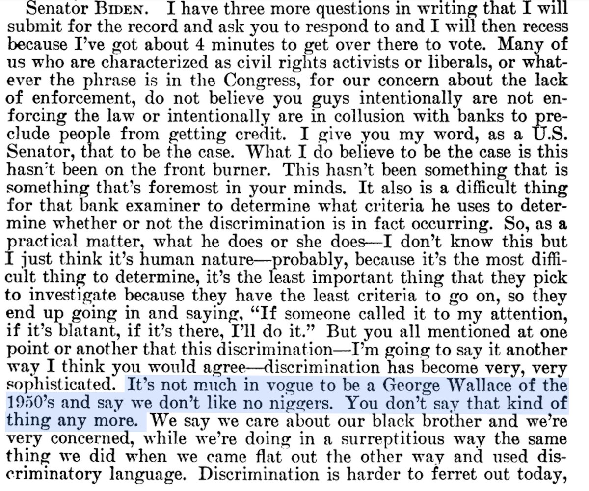 Here is Biden using the N-word in 1976. 'It’s not much in vogue to be a George Wallace of the 1950’s and say we don’t like no n******. You don’t say that kind of thing any more.' - Joe Biden