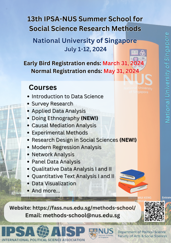 ⏳ REMINDER: Tomorrow is the last day to register for the 2024 IPSA-NUS Summer School for Social Science Research Methods, held at the National University of Singapore from 1-12 July 2024.
fass.nus.edu.sg/methods-school/