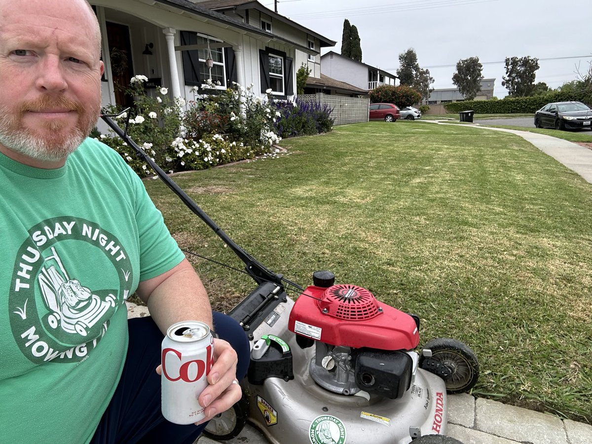 @OutKickTNML Morning edge, mow and blow as the evening looks busy. Thanks to @HondaPE_USA , @BLACKANDDECKER and @DietCoke for refreshment. Forehead is healing up nice! @JoeKinseyexp