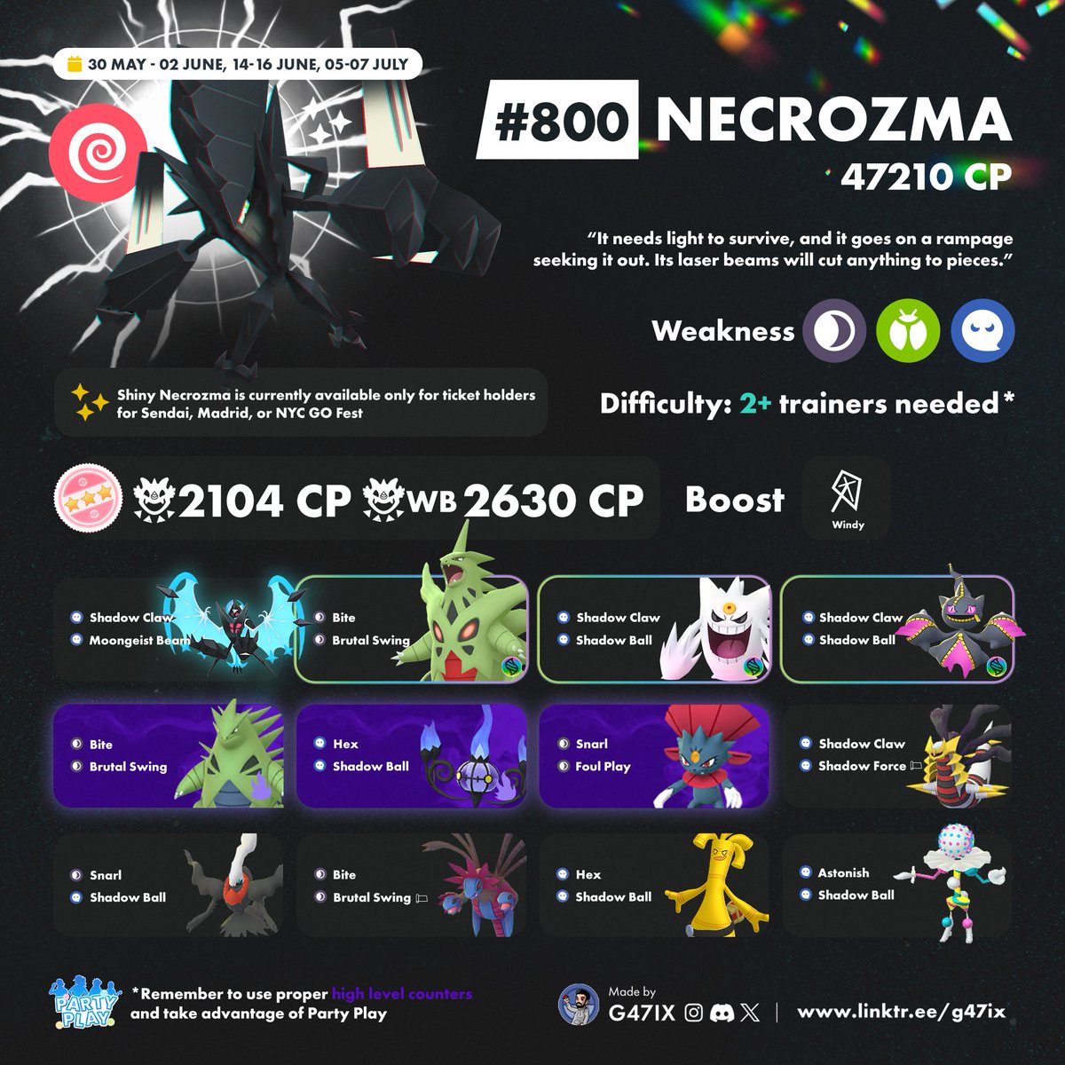Necrozma is appearing at Sendai GO Fest! 🇯🇵 
Next, it will be available in 🇪🇸 Madrid and 🇺🇸 New York.

🎟️Shiny Necrozma currently is exclusive to ticket holders for these events. In July it will be available to everyone during global event 🌎

 #PokemonGO #GOFest2024