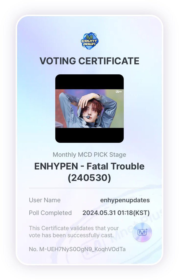 [INFO] 240531 ENHYPEN's 'Fatal Trouble' is nominated on M Countdown's 'Monthly MCD PICK Stage' (Mnet+ app)! 🏆: Winner will receive a physical trophy 🗳️: One vote per account and device a day 🔗: mnetplus.world/community/vote… Voting ends on June 2, 11:59PM KST. @ENHYPEN_members