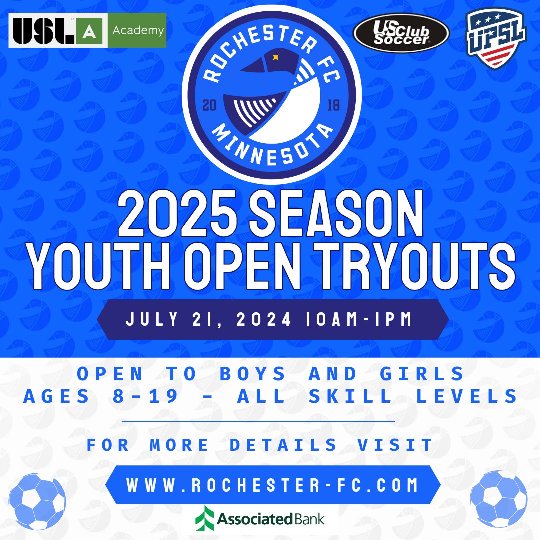 We are excited to announce our tryouts for our 2025 youth season. This tryout is open to all youth athletes ages 8-19. If your child is younger than that, no worries, exciting news is coming soon! Click here to register for tryouts: rochester-fc.com/tryouts
