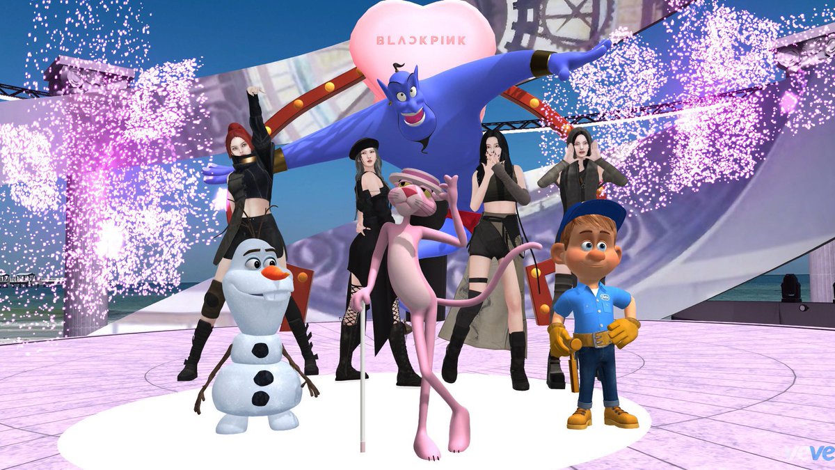 stacker727's tweet photo. #BLACKPINK 🖤💖 on the Beach Stage with #PinkPanther 🐾, #TheGenie 🧞‍♂️, #FixItFelix 🛠️ , &amp; #Olaf ⛄️ @BLACKPINK 

@veve_official  #CollectorsAtHeart 💙#VeVeVibes #VeVeInYourARea #AR 📸 https://t.co/zuU2tNDIna