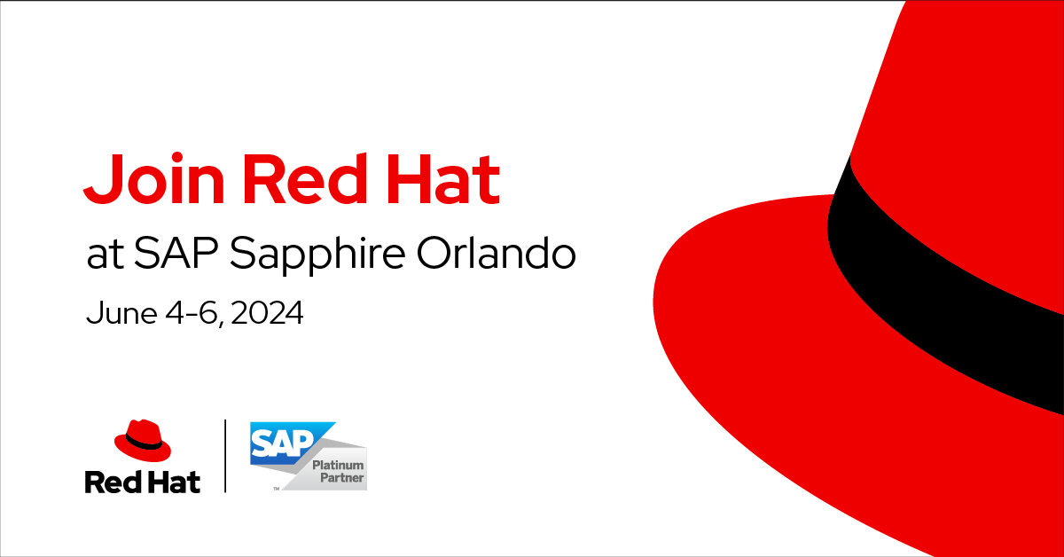 RedHatEvents's tweet photo. #RedHat will be onsite at booth #540 at #SAP Sapphire in Orlando and we are looking forward to connecting with you. Make your plans in advance to stop by our booth, talk with our experts and sign up for a workshop. Visit our event page for more details: https://t.co/uctNQMqSKS https://t.co/wxY16hqSgp