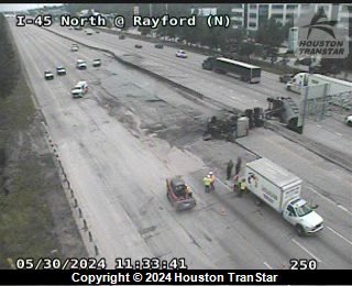 WOODLANDS!!! Major crash involving an 18 wheeler. Traffic is terrible 45 North southbound is shutdown at Rayford. Northbound, miles of backup with several left lanes closed. @KHOU @TxDOTHouston