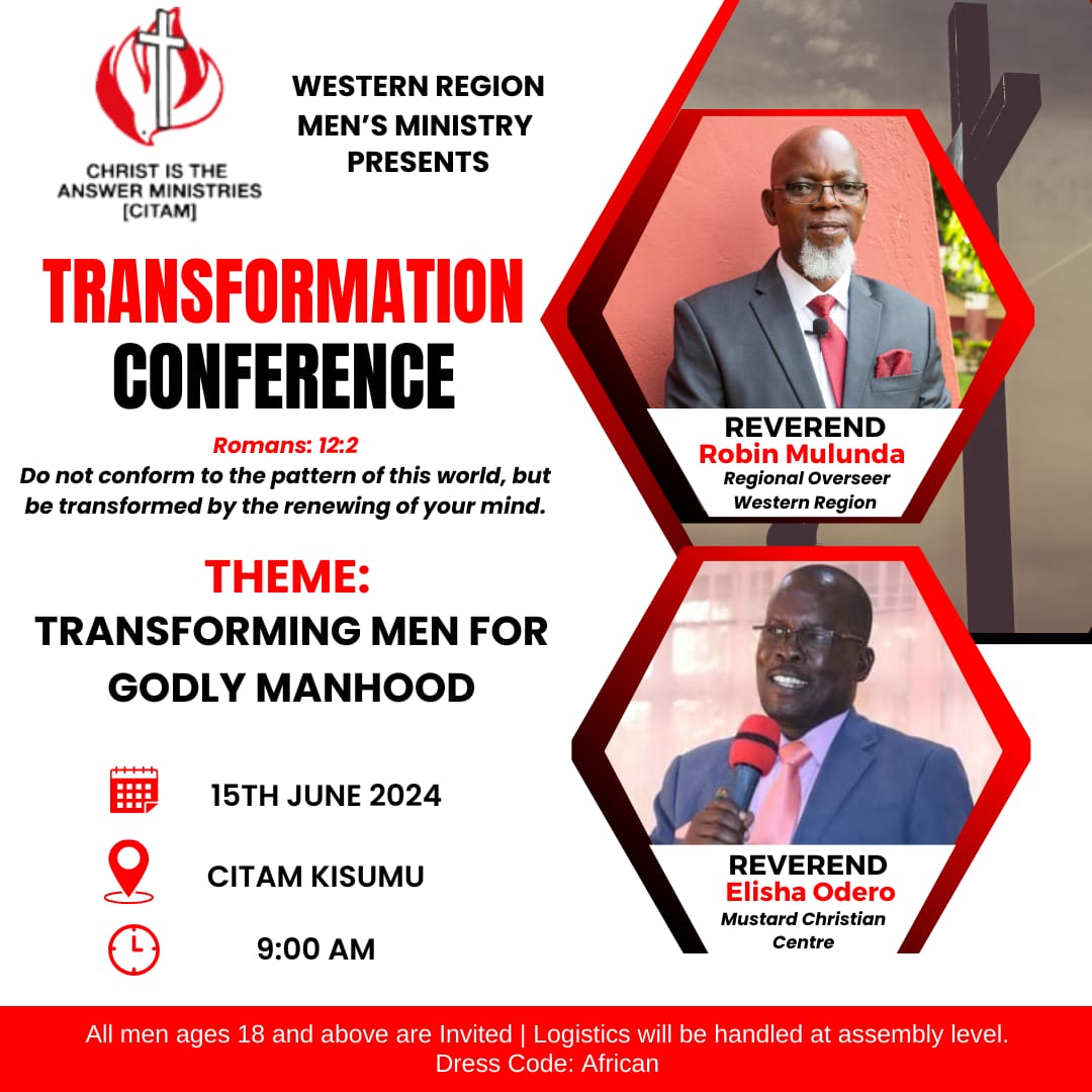 citamkakamega's tweet image. Attention all Men! The CITAM Western Region Men&apos;s Ministry invites you to the Transformation Conference happening at CITAM Kisumu on 15th June, 2024.
Theme: Transforming Men for Godly Manhood. Don&apos;t miss out!
#TransformationConference
#CITAMKakamega
#TakingNewTerritories
#TNT