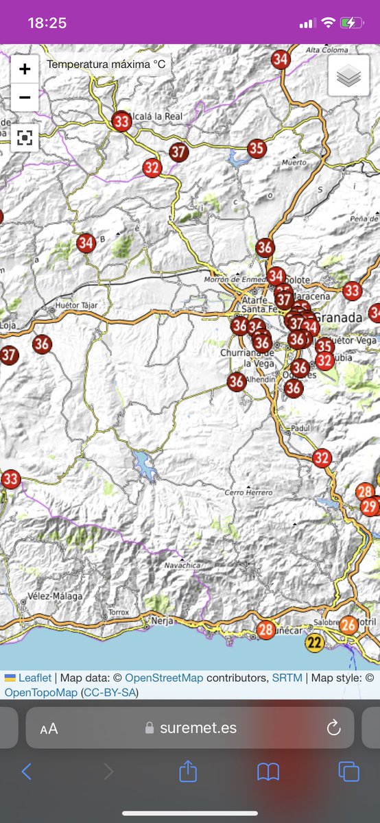 Alcanzando las temperaturas mas altas del año en muchos puntos de Granada este día de Corpus. Aeropuerto de Granada 37’4° (39’5° es el récord) Base Aérea Armilla 35’9° Loja 36° Ogíjares 36’9° Alomartes (Íllora) 36’8°