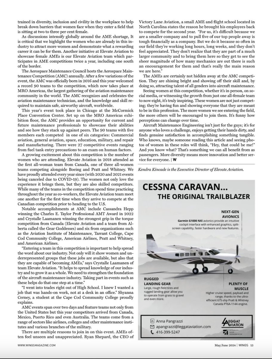Elevate Aviation is excited to share that our very own Kendra Kincade - CEO and Founder, wrote an article in the May/June 2024 Edition of Wings Magazine. Find us on pages 12-13: mydigitalpublication.com/publication/?m… #ElevateAviation #WingsMagazine