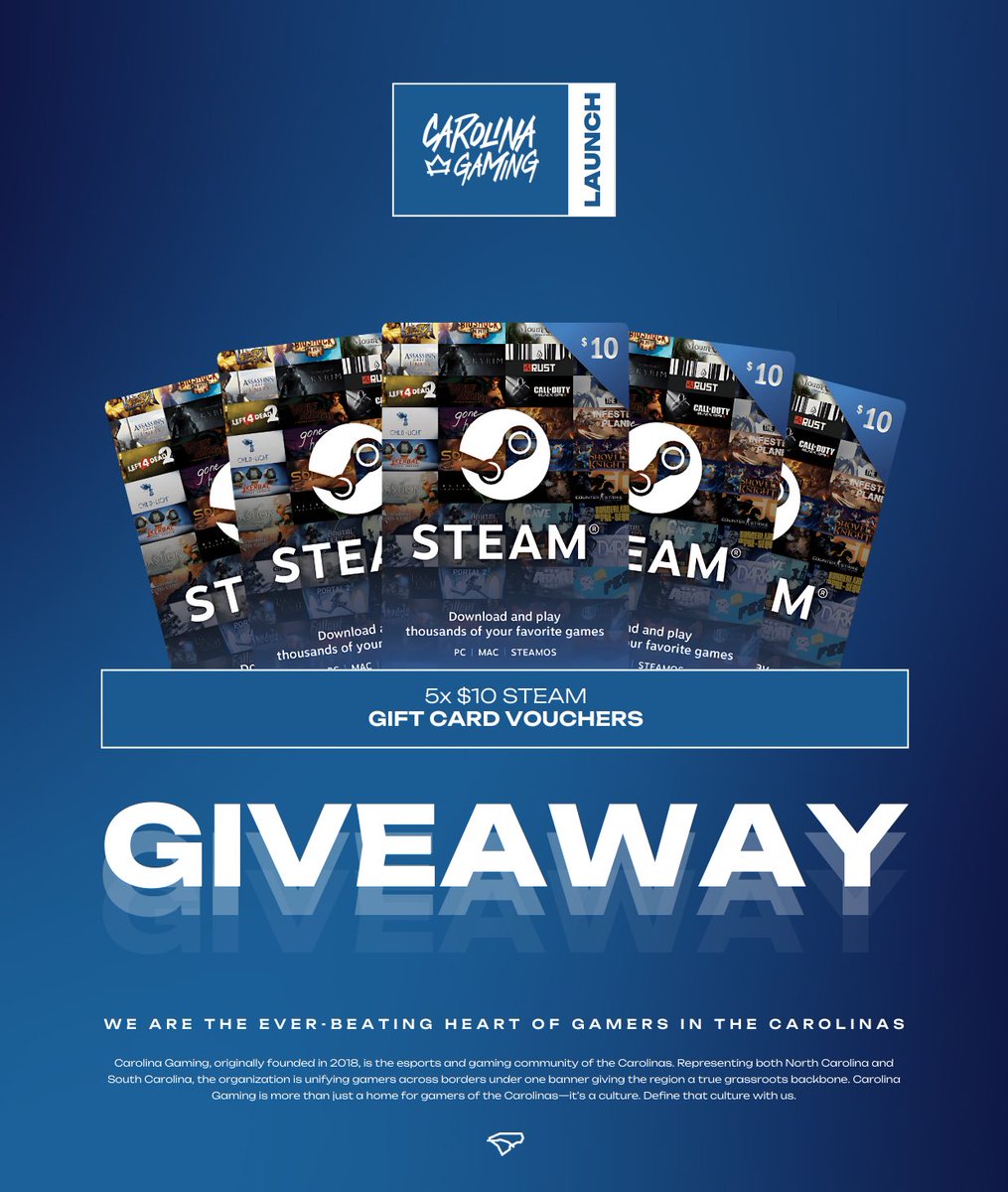 📣 LAUNCH GIVEAWAY 📣

We are giving away 5x $10 Steam Gift Cards! Here’s how to enter:

✅ Follow @theCarolinaGG
🩵 Like &amp; Retweet
🫵🏼 Tag a Friend

That’s it! Winners will be announced on June 3rd—good luck!

#CARgg