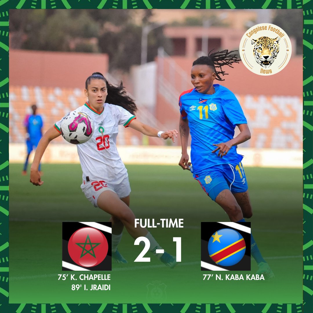 CongoleseFNews's tweet photo. Les léopards dames de la RDC 🇨🇩🐆 se sont inclinés (1-2) face à les Lions de l’Atlas 🇲🇦🦁. L’unique but congolais a été inscrit par la serial buteuse Naomie Kaba Kaba.
#RDC #Congo #Fecofa #MARRDC #MORDRC https://t.co/g3PGKs1NeG