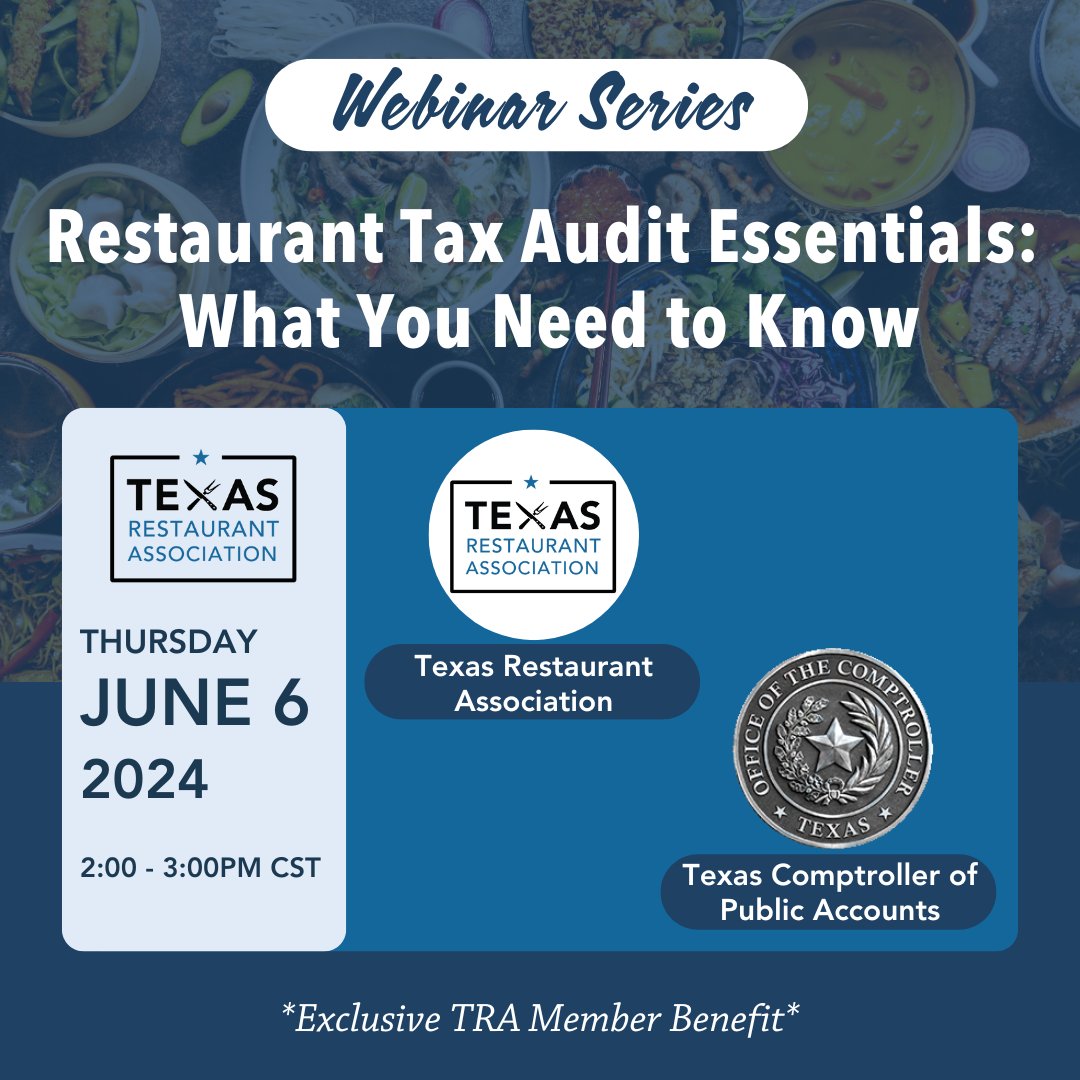 One week away! Register now for our Tax Audit Essentials Webinar with the Texas Comptroller of Public Accounts. In this webinar you'll learn best tips, strategies, and invaluable advice on tax auditing for restaurants. Click the link to register: us06web.zoom.us/webinar/regist…