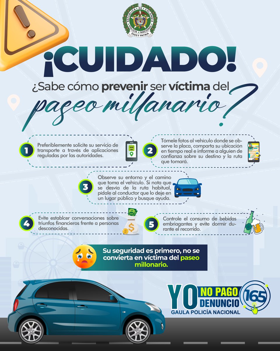 GaulaPolicia's tweet photo. #Alerta | Esto le puede suceder al abordar un servicio de transporte público.

Con estos simples pasos puede prevenir ser víctima de "Paseo Millonario", póngalos en práctica y proteja también a sus familiares compartiendo esta #Información.

👇👇👇
#YoNoPagoYoDenuncio
#Línea165 https://t.co/yUasMIsDqY