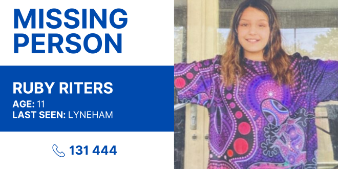 #MISSINGPERSON Australia - Ruby Riters, 11-year-old girl, has not been seen since about 3pm Thursday, 30 May

APPEARANCE: White, shoulder length brown hair, dark eyes

LAST SEEN WEARING: a grey jumper, blue pants, and white shoes