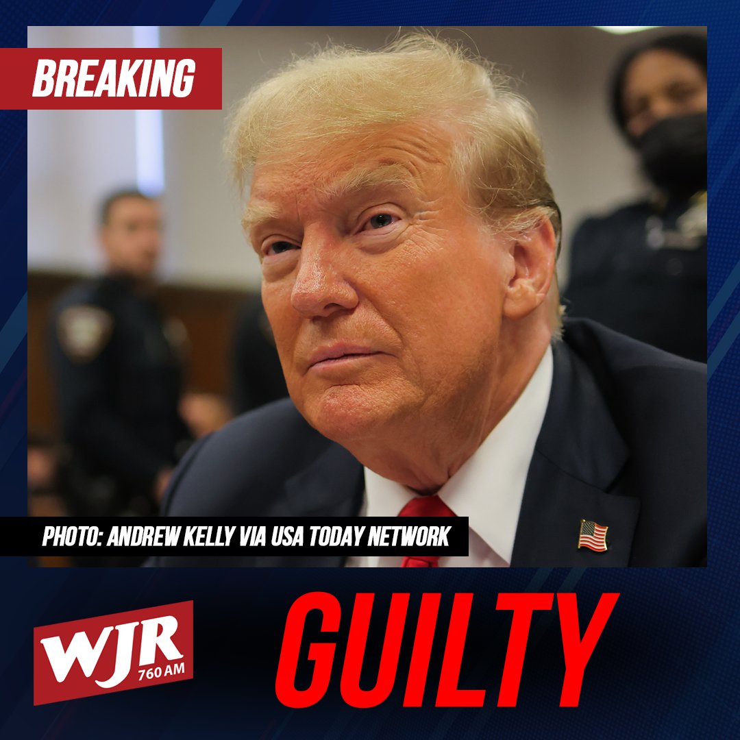 Donald Trump has been found guilty on all 34 felony counts in a New York City courtroom, becoming the first president in U.S. history to be convicted of felony charges. Stay with 760 WJR for complete coverage and reaction to this historic trial. Listen: WJR.com.