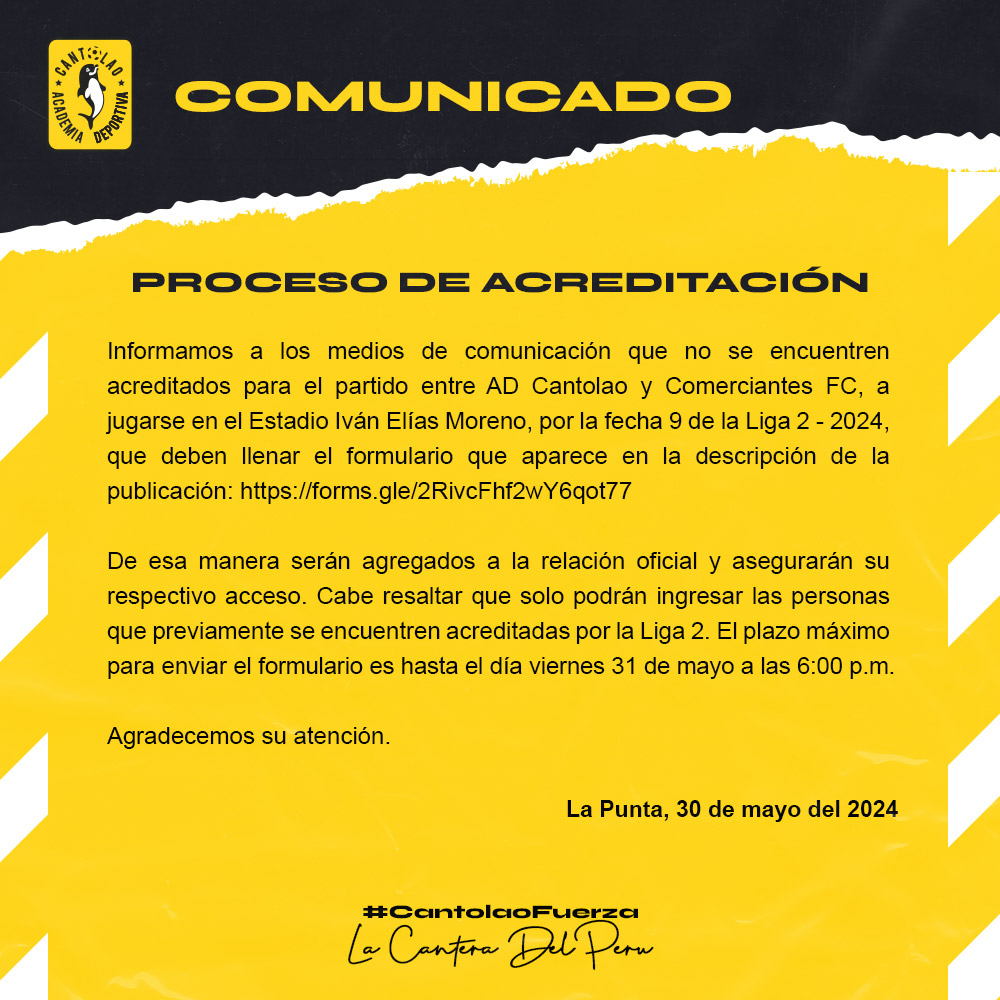 📝 Comunicado acreditaciones prensa partido AD Cantolao vs Comerciantes FC. Formulario de Inscripción: forms.gle/2RivcFhf2wY6qo…
