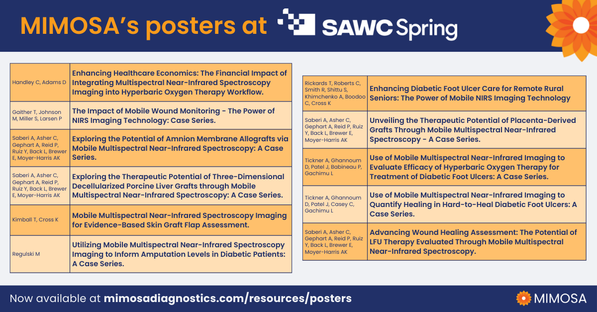 11 new research posters from #SAWCSpring2024 are now live on our website!

Made in collaboration with our many amazing partners, check out the posters  and see how the MIMOSA Pro is helping clinicians save limbs and save lives: hubs.ly/Q02z0_G40