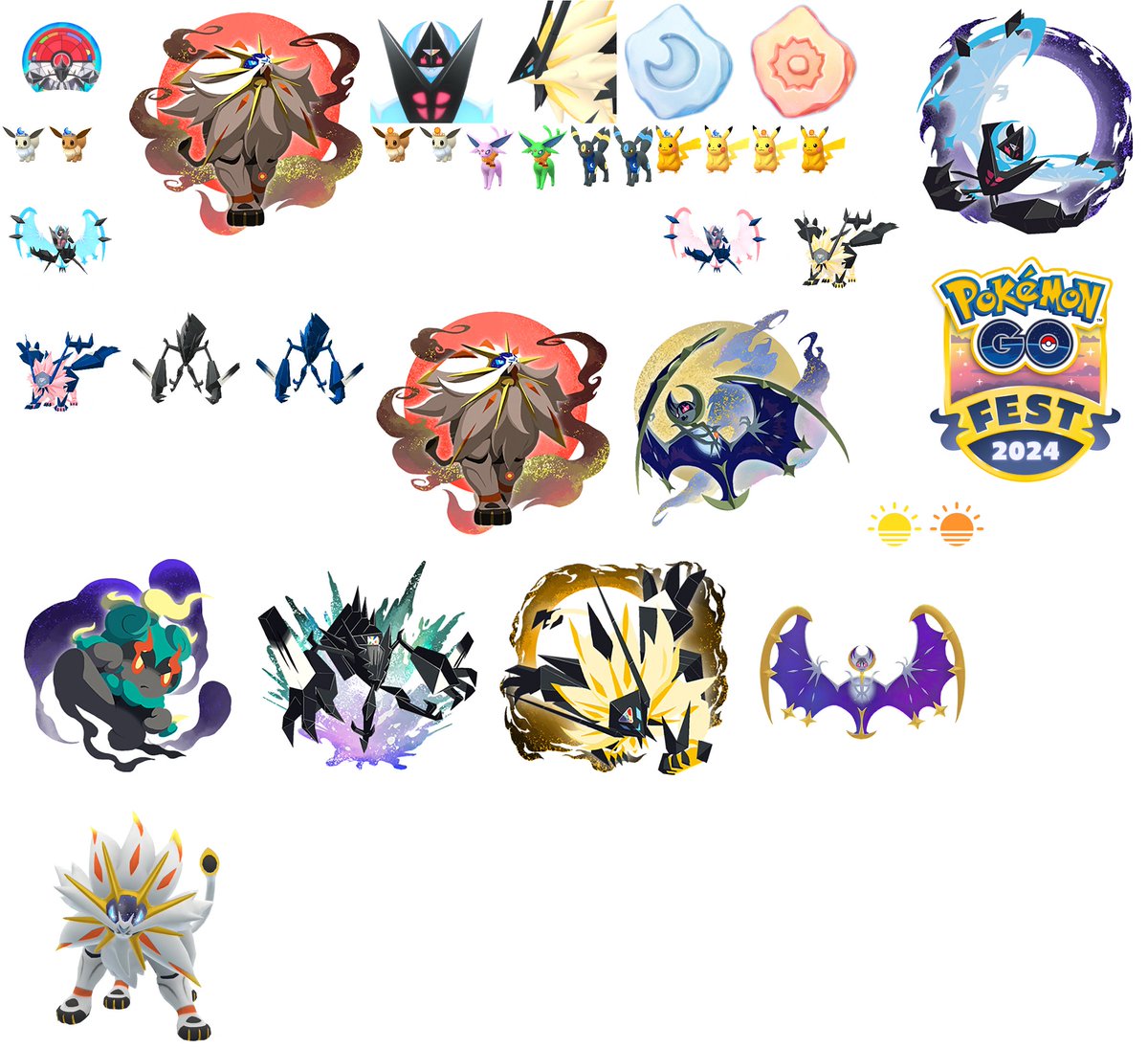Random GO Fest 2024 visual assets, including stickers, textures, Pokémon sprites, new items, Dusk Mane and Dawn Wing portraits, confetti, and that's pretty much it. Useful for content creation!