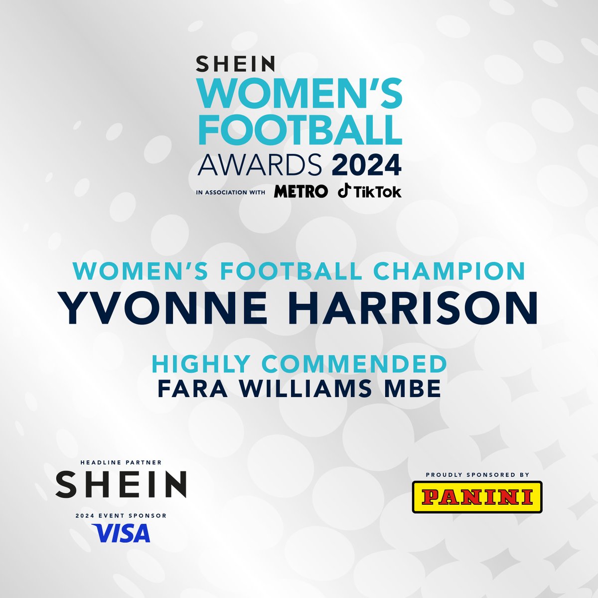 🏆 WOMEN'S FOOTBALL CHAMPION OF THE YEAR 🏆
(Sponsored by Panini)  

The winner is...  Yvonne Harrison, CEO of Women in Football 👏

#WFA2024 |<a href="/YvonneH147/">Yvonne Harrison</a> | <a href="/WomeninFootball/">Women in Football</a> | <a href="/OfficialPanini/">Panini UK & Ireland</a>