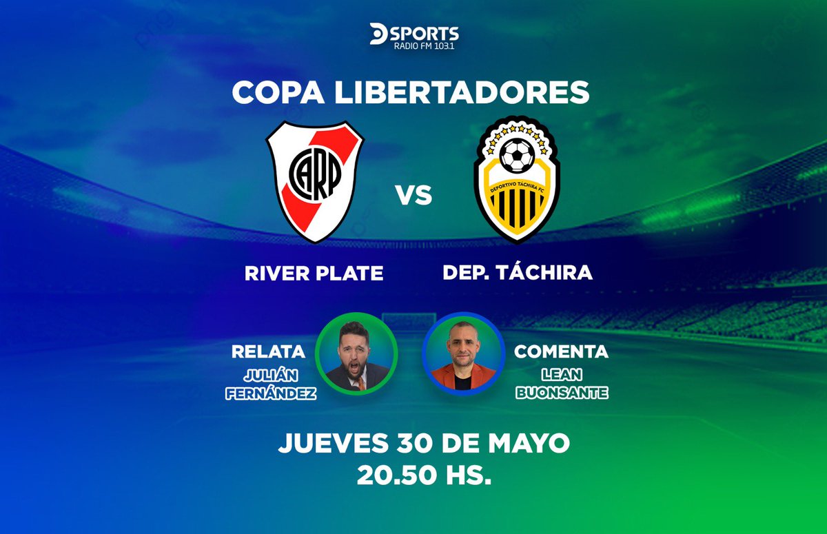 ⚽️ Viví la #CopaLibertadores de fútbol por DSPORTS RADIO #River - #DeportivoTachira 🗣️ Relata @yojulifernandez - Comenta @BuonsanteLean 📻 Prendete a DSPORTS RADIO FM 103.1 a partir de las 20hs