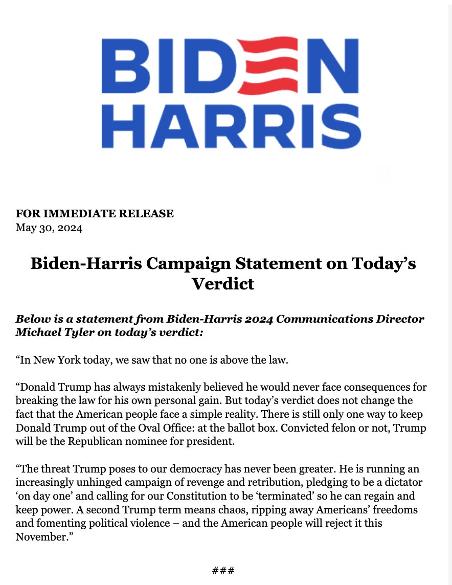 NEW from @BidenHQ communications director @michaelwtyler >> “Donald Trump has always mistakenly believed he would never face consequences for breaking the law for his own personal gain...There is still only one way to keep Donald Trump out of the Oval Office: at the ballot box.'