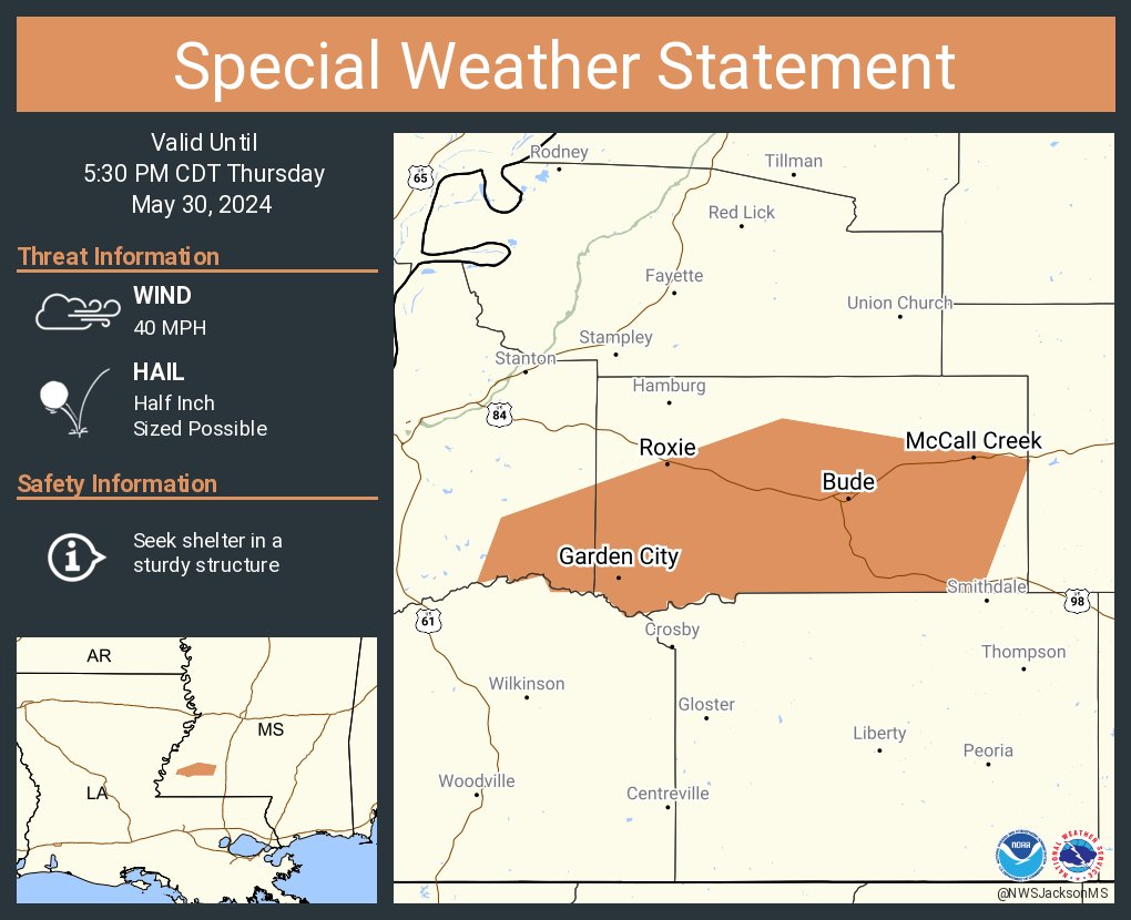 A special weather statement has been issued for Bude MS, Roxie MS and Meadville MS until 5:30 PM CDT